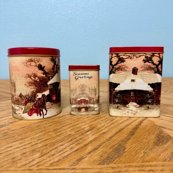 Set of 3 Vintage Metal Christmas Canisters Food Safe Holiday Storage Tins - Picture 1 of 13